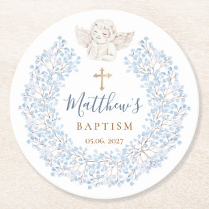 Dessous-de-verre Rond En Papier Floral Blue Baby Angel Croix Baptême