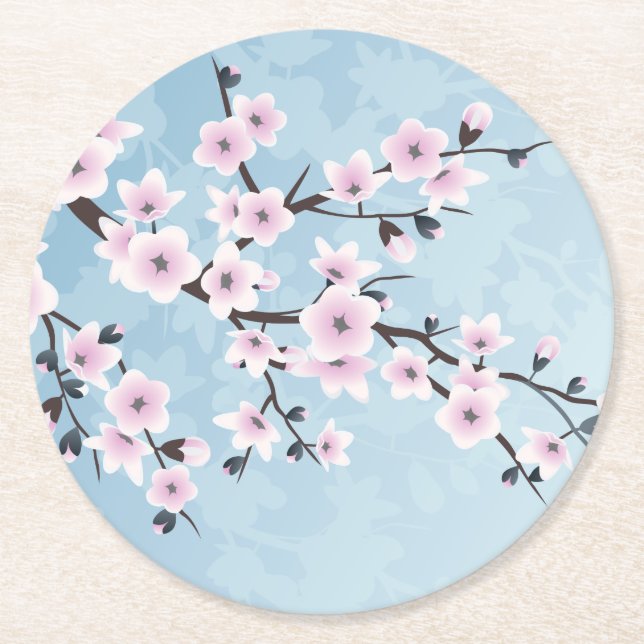 Dessous-de-verre Rond En Papier Floral Fleurs de cerisier rose pâle (Devant)