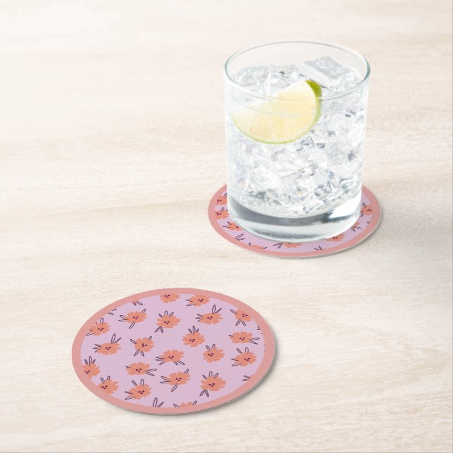 Dessous-de-verre Rond En Papier Floral Pink Flowers Repeating Pattern Cute Girly (En situation)