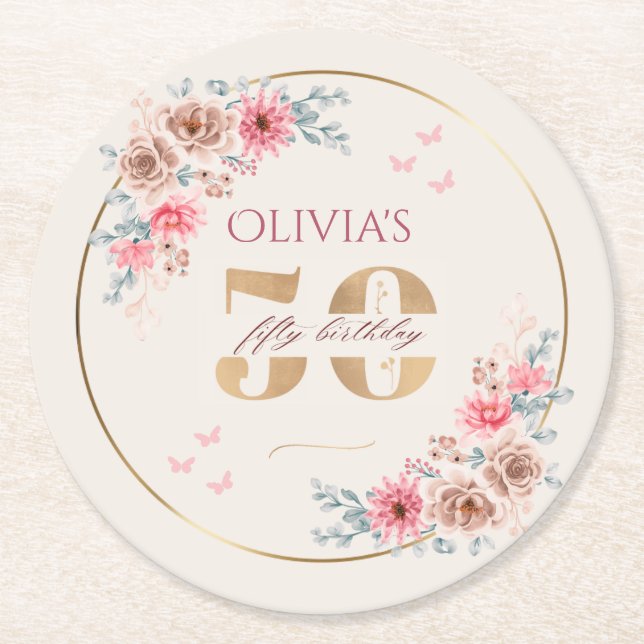 Dessous-de-verre Rond En Papier Floral Thème 50ème anniversaire (Devant)