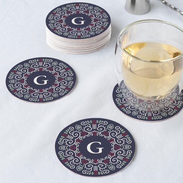 Dessous-de-verre Rond En Papier Folk Art Joy | Vacances monogrammes (Créateur téléchargé)