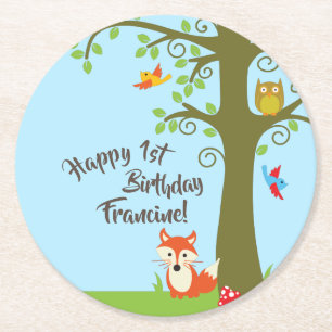 Dessous-de-verre Rond En Papier Forest Friends Woodland Cute Kid's Birthday Party