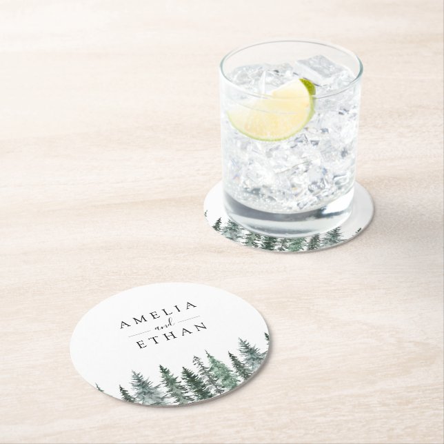 Dessous-de-verre Rond En Papier Forest Wintre Watercolor Wedding (En situation)