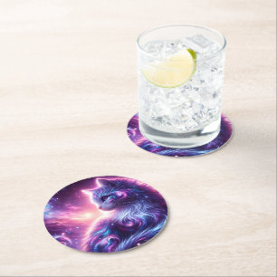 Dessous-de-verre Rond En Papier Galaxie Cosmique Féline Mystique Céleste