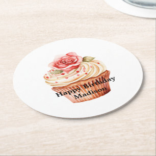 Dessous-de-verre Rond En Papier Gâteau rose pastel chic pour anniversaire