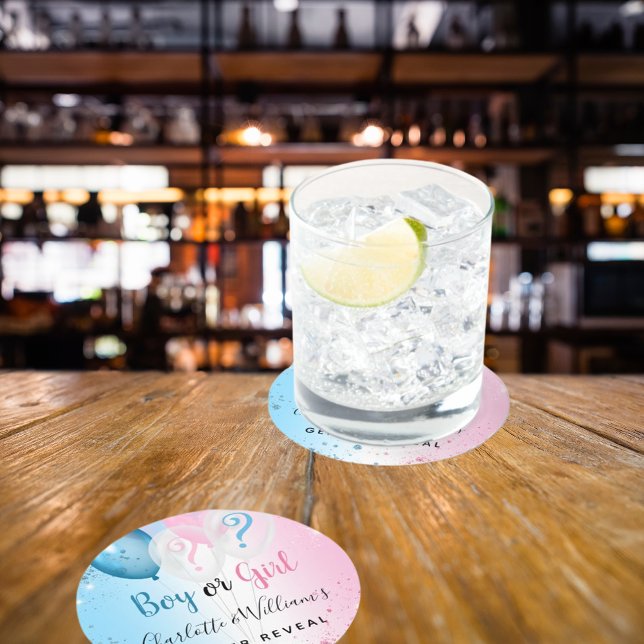 Dessous-de-verre Rond En Papier Genre révéler fête rose bleu garçon fille ballons (Créateur téléchargé)