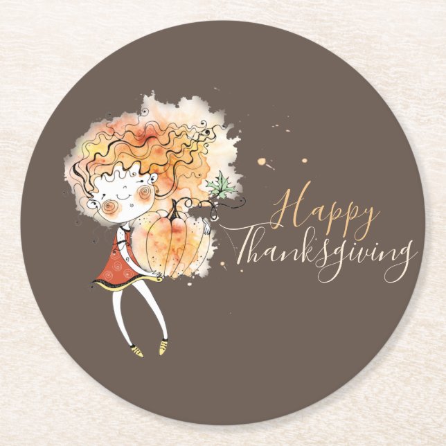 Dessous-de-verre Rond En Papier Ginger Girl avec Citrouille Thanksgiving (Devant)