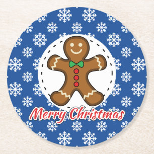 Dessous-de-verre Rond En Papier Gingerbread - Patters bleus - Merry Xmas