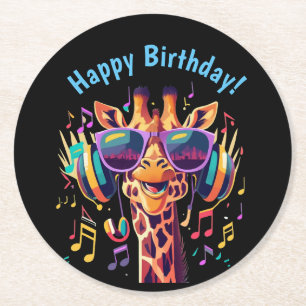 Dessous-de-verre Rond En Papier Girafe de fête colorée cool avec casque