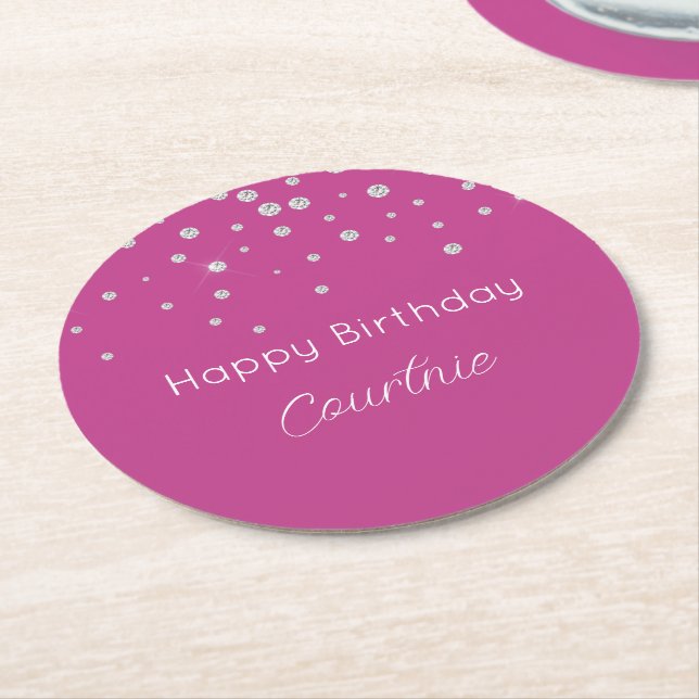 Dessous-de-verre Rond En Papier Glam rose Diamants blancs Anniversaire (Incliné)
