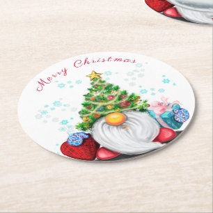 Dessous-de-verre Rond En Papier Gnome mignonne avec arbre de Noël Casquette et cad