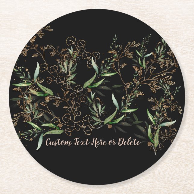 Dessous-de-verre Rond En Papier Gold Botanique Eucalyptus Élégant Premium Noir (Devant)