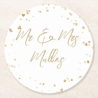 Dessous-de-verre Rond En Papier Gold Heart Wedding Coaster