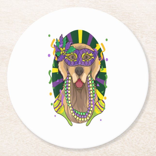 Dessous-de-verre Rond En Papier Golden Retriever Mardi Gras Chien (Devant)