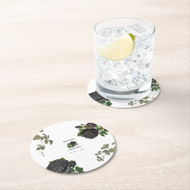 Dessous-de-verre Rond En Papier Gothique Halloween Rose noir Mariage (En situation)