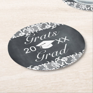 Dessous-de-verre Rond En Papier Graduation Blackboard & White Lace Grats