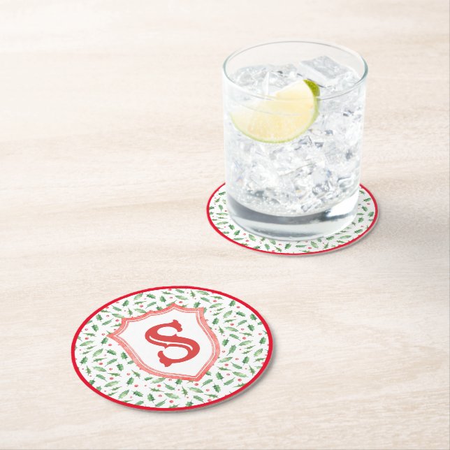 Dessous-de-verre Rond En Papier Grandmillennial Preppy Holly Monogram Crest (En situation)