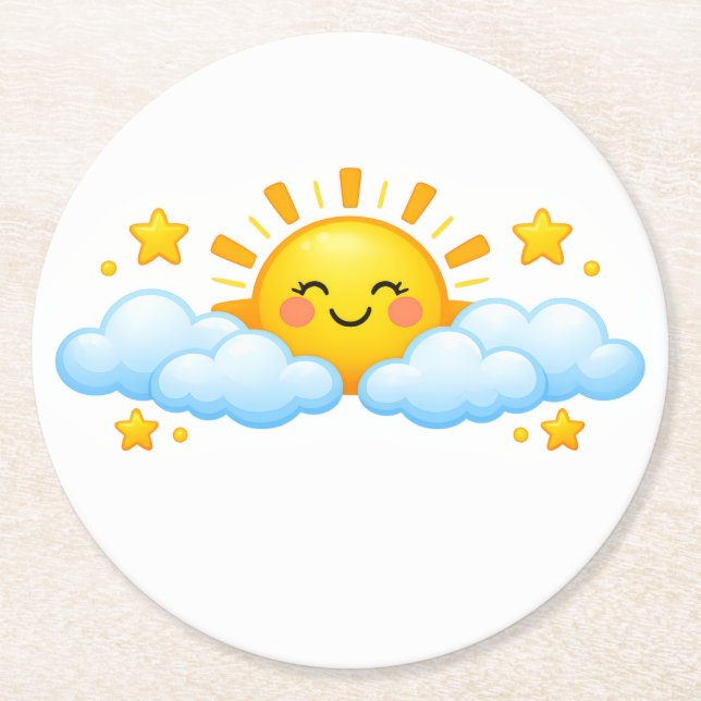 Dessous-de-verre Rond En Papier Graphisme d'art de soleil souriant bleu ciel convi (Devant)