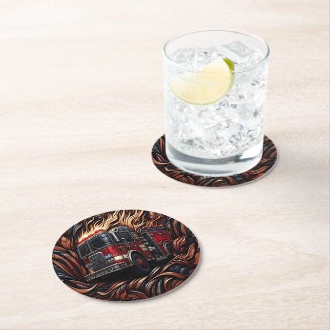Dessous-de-verre Rond En Papier Gras Fire Truck (En situation)