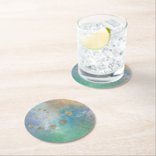Dessous-de-verre Rond En Papier Grunge Côtière   Aquarelle bleu et vert or
