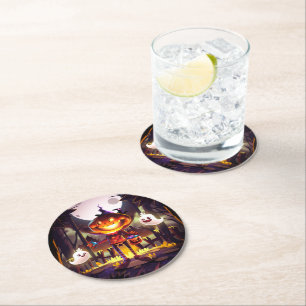 Dessous-de-verre Rond En Papier Halloween Citrouille mignon Fantômes Moon Effrayan