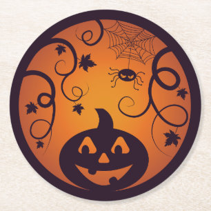 Dessous-de-verre Rond En Papier Halloween Jack-o'-lantern citrouille visage et ara