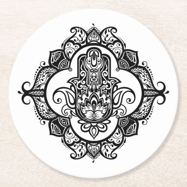 Dessous-de-verre Rond En Papier Hamsa avec le griffonnage ethnique d'ornements (Devant)