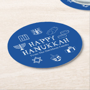 Dessous-de-verre Rond En Papier Happy Hanoukka bleu & blanc nom de famille personn