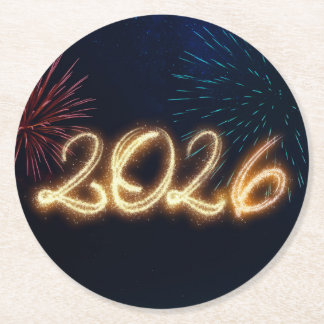 Dessous-de-verre Rond En Papier Happy New Year 2026 Sparkling Fireworks