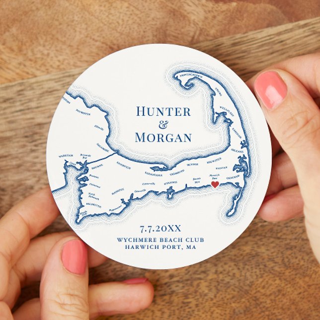 Dessous-de-verre Rond En Papier Harwich Port MA Wychmere Beach Club Mariage (Wychmere Beach Club Wedding Drink Coaster with Elegant Navy Blue Map from Coastal Map Designs)
