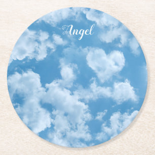 Dessous-de-verre Rond En Papier Heart Cloud Ciel mignon Amusant Moderne Bleu Nom P