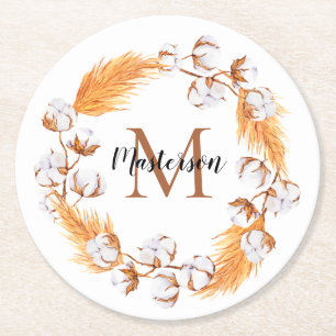 Dessous-de-verre Rond En Papier Herbe Boho Pampas   Monogramme de couronne de coto