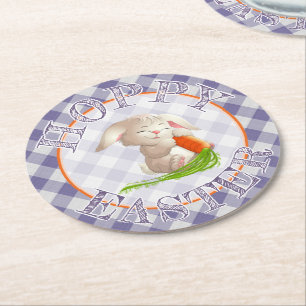 Dessous-de-verre Rond En Papier Heureux Bunny de Pâques violet En vichy Motif