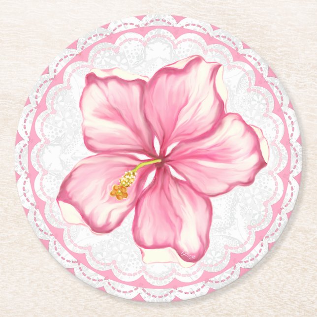 Dessous-de-verre Rond En Papier Hibiscus & dentelle PINK (Devant)