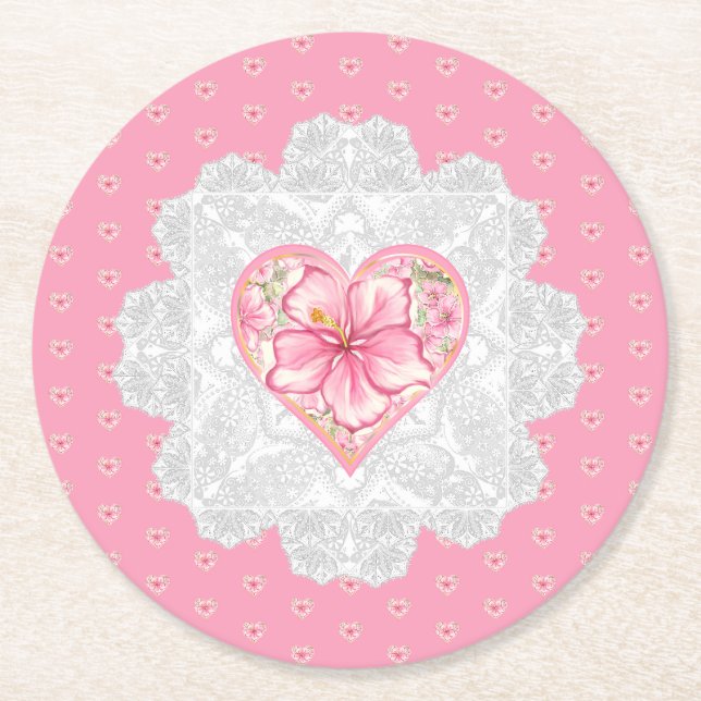 Dessous-de-verre Rond En Papier Hibiscus & dentelle PINK (Devant)