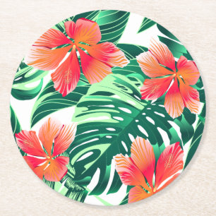 Dessous-de-verre Rond En Papier Hibiscus d'oranges tropicales