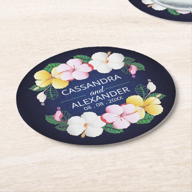 Dessous-de-verre Rond En Papier Hibiscus Hawaiian Tropical Floral Mariage (Incliné)
