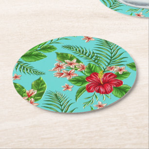 Dessous-de-verre Rond En Papier Hibiscus Tropical Rose Cute Fleur Sur Turquoise