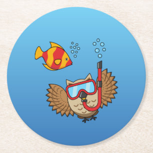 Dessous-de-verre Rond En Papier Hibou avec masque de snorkeling et poissons tropic