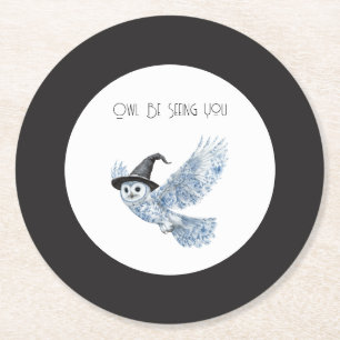 Dessous-de-verre Rond En Papier Hibou Bleu Vous Verrons Halloween Noir Blanc