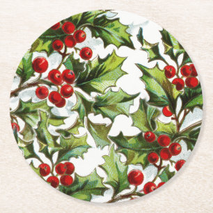 Dessous-de-verre Rond En Papier Houx vintage du père noël élégant