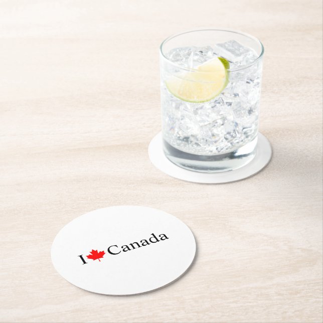 Dessous-de-verre Rond En Papier I Love Canada typographie avec la fête de la feuil (En situation)