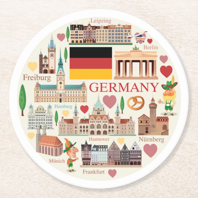 Dessous-de-verre Rond En Papier Icônes de voyage Allemagne (Devant)