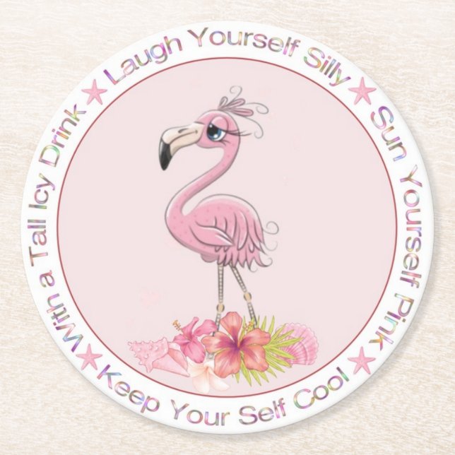 Dessous-de-verre Rond En Papier Illustration amusante de Flamant rose rose (Devant)