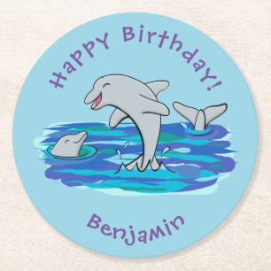 Dessous-de-verre Rond En Papier Illustration de dauphins heureux adorables