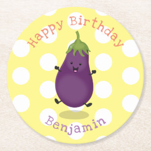 Dessous-de-verre Rond En Papier Illustration de dessin animé d'aubergine mignonne