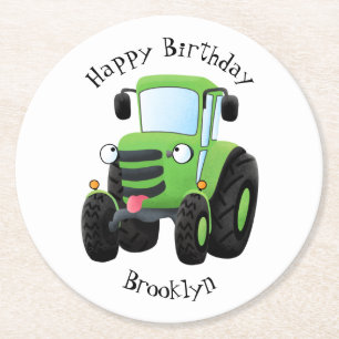 Dessous-de-verre Rond En Papier Illustration du joli joyeux tracteur agricole vert