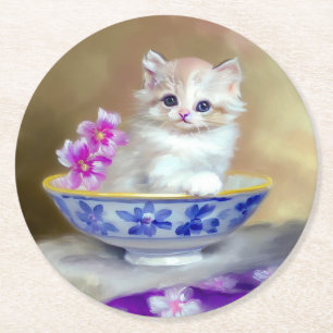 Dessous-de-verre Rond En Papier Illustration vintage de chaton blanc