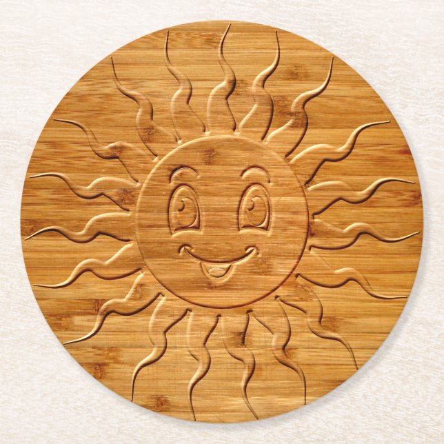 Dessous-de-verre Rond En Papier Impression De La Face Solaire Souriante En Bois (Devant)