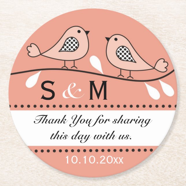 Dessous-de-verre Rond En Papier Inséparables de Merci de Mariage Monogramme (Devant)